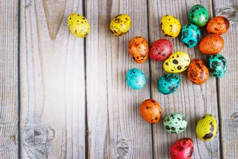 Colored easter eggs on a light background,place for text Stock Photos