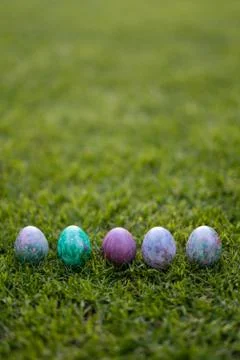 Colored easter eggs lying in a row on the grass Stock Photos