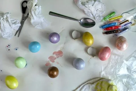 Colored easter eggs on paper gray background 스톡 사진