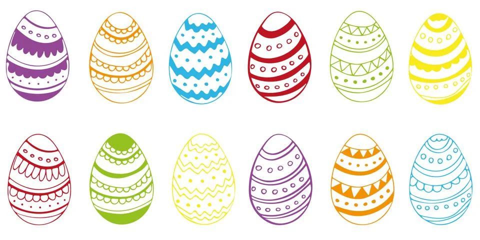 Colored Easter Eggs. Set of hand drvector illustrations of eggs with different Stock Illustration