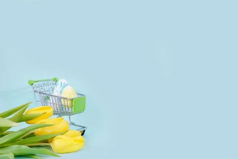 Colored Easter eggs in a shopping cart and spring tulip flowers on a blue Stock Photos
