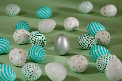 Colored Easter eggs surrounding silver egg on green background. 3d render Stock Illustration