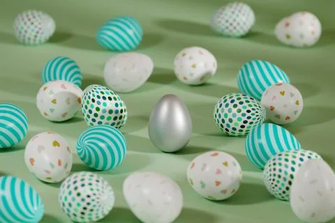 Colored Easter eggs surrounding silver egg on green background. 3d illustrati Foto stock