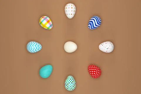 Colored Easter eggs surrounding white egg on green background. 3d illustratio Foto stock