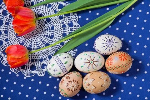 Colored Easter Eggs with Tulips on the Blue Tablecloth. Stock Photos