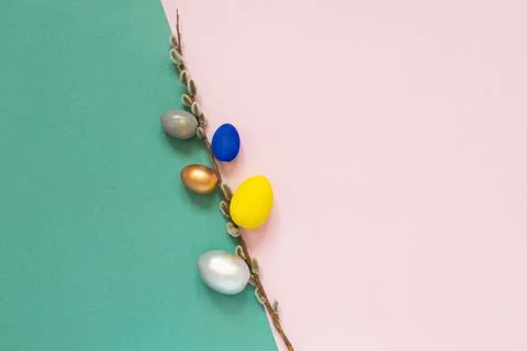 Colored easter eggs with willow branch on color pink and green background. Co Stock Photos