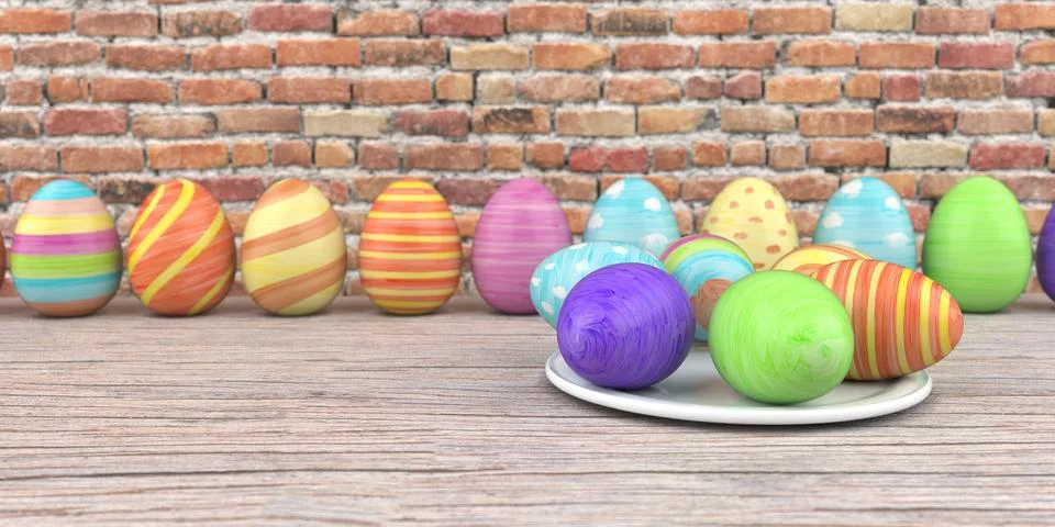 Colored easter eggs on the wooden table and brick wall in the background. 3d  Stock Illustration