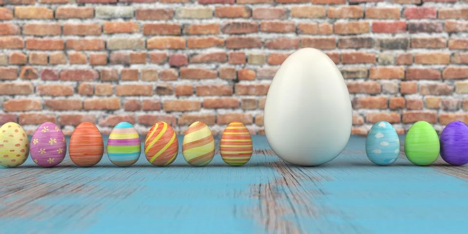 Colored easter eggs on the wooden table and brick wall in the background. 3d  Stock Illustration