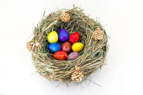 Colored easter quail eggs in grass nest with bumps Stock Photos