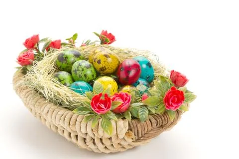 Colored Easter quail eggs in a wicker basket Stock Photos