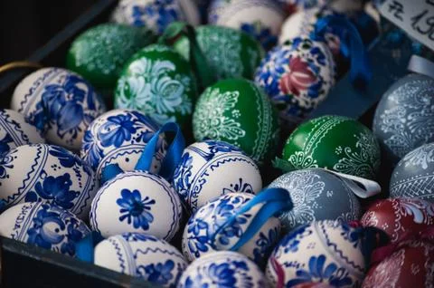 Colored Easter wooden eggs fullframe Foto stock