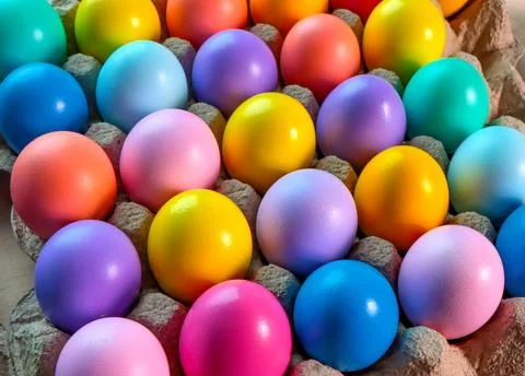 Colored egg boxes, colorful eggs for Easter Stock Photos