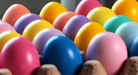 Colored egg boxes, colorful eggs for Easter. Stock Photos