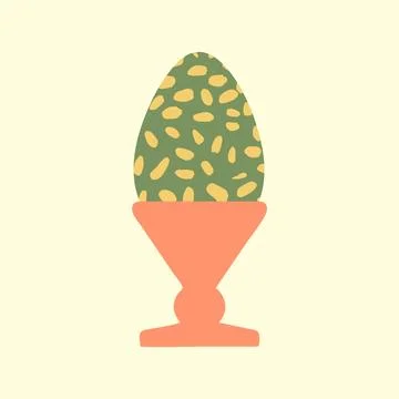 Colored egg in cup vector illustration. Easter meal. Boiled painted green egg Stock Illustration