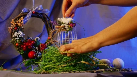 Colored Eggs Are Laid Out on an Easter Table, Covered With Traditional Gifts, Stock Footage 72889099