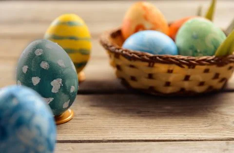 Colored eggs on Easter day Stock Photos