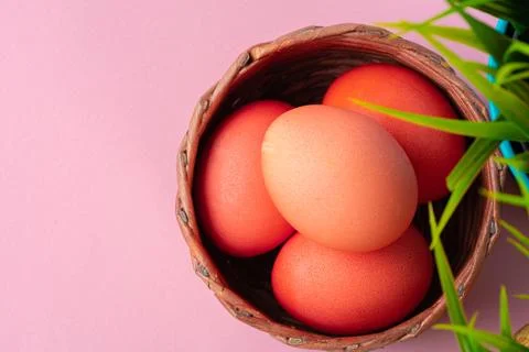 Colored eggs for Easter with pot of artificial grass Stock Photos