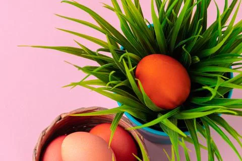 Colored eggs for Easter with pot of artificial grass Stock Photos