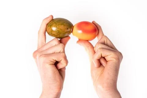 Colored eggs with hands tapping and crushing eggs Foto stock