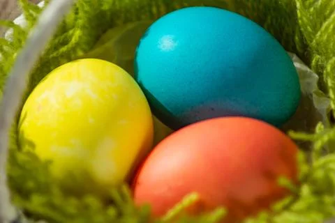 Colored eggs lying in a basket. 写真素材