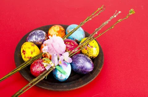 Colored eggs - symbol of celebration of Easter Stock Photos