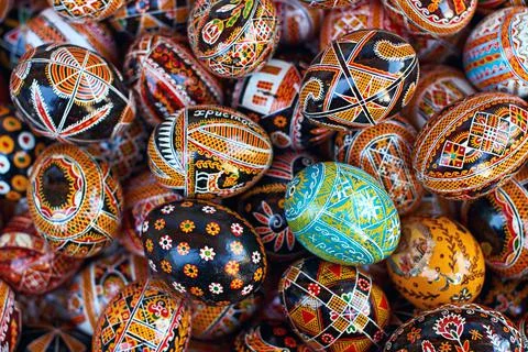 Colored eggs with traditional patterns from Kosmach, Ukraine Stock Photos