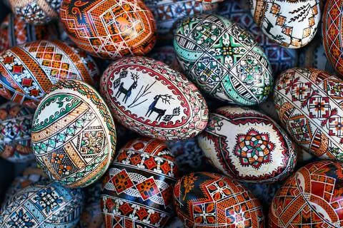 Colored eggs with traditional patterns from Kosmach, Ukraine Stock Photos