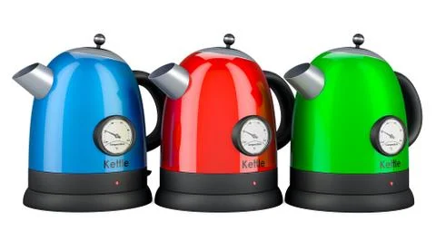 Colored Electric Kettles with Temperature Control, retro design. 3D rendering Stock Illustration