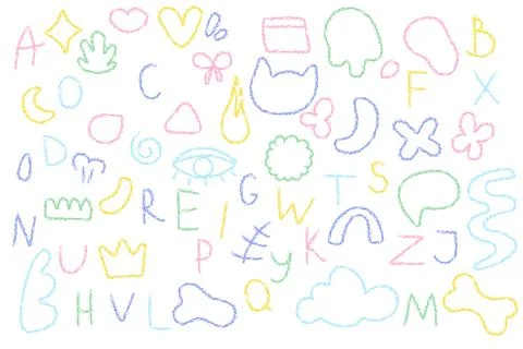 Colored elements, letters, alphabet, wax pencil doodles, children's drawing.. Stock Illustration