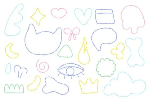 Colored elements, letters, doodle figures silhouette, wax crayon drawings, .. 스톡 일러스트