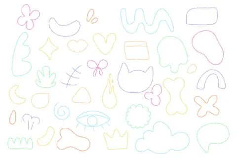 Colored elements, letters, simple doodle figures, wax crayon drawings, scho.. Stock Illustration