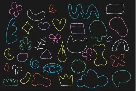 Colored elements, wax pencil doodles, children's drawings on a black backgr.. Stock Illustration