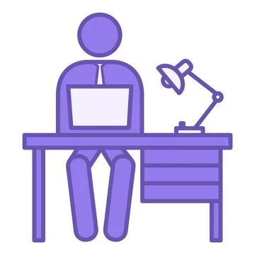 Colored Employee Icon. Vector Icon. Man Working on Laptop. Desk and Lamp. O.. Stock Illustration