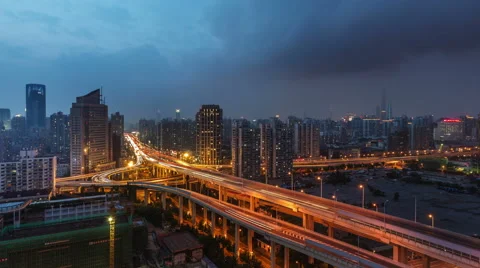 Colored evening shanghai city light traffic roads 4k time lapse Video stock 46556803