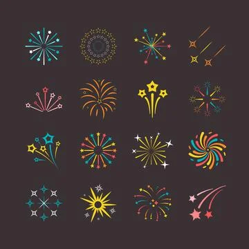Colored explosions fireworks set. Bright blue flares on dark sky with yellow Stock Illustration