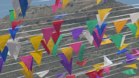 Colored fairground banners a sunny day moving Video stock 194574668