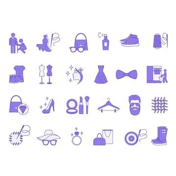 Colored Fashion Icon Set. Vector Icons Tailor, Hanger, Clothes, Shoes, Sewi.. Stock Illustration