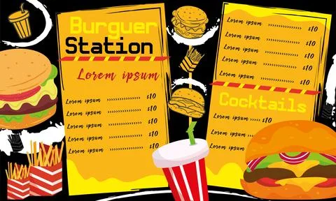 Colored fast food menu with different burger items Vector Stock Illustration