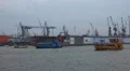 Colored ferry boats swimming at the dock in Hamburg harbour HD Footage