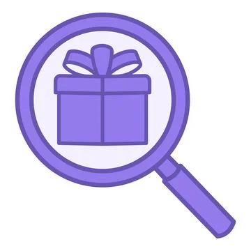 Colored Find Gift Icon. Vector Icon. Magnifying Glass and Gift Box. Holiday.. Stock Illustration