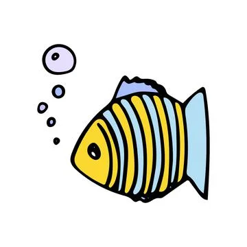Colored fish with air bubbles in doodle style. Design elements. Stock Illustration
