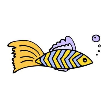 Colored fish with air bubbles in doodle style. Design elements. Stock Illustration