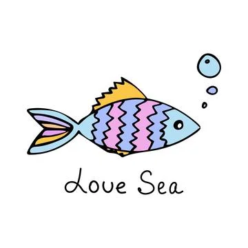 Colored fish with air bubbles in doodle style. Phrase Love sea. Design elements. Stock Illustration