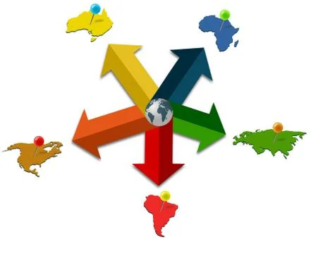 Colored five point infographic with continents tacked by pins Stock Illustration
