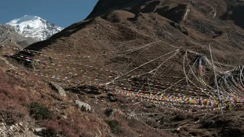 Colored flags in the mountains of Nepal. Stock Footage 144863041