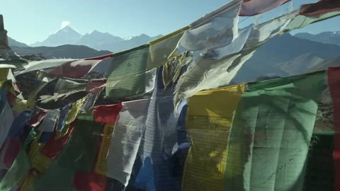 Colored flags in the mountains of Nepal. Video stock 144863898