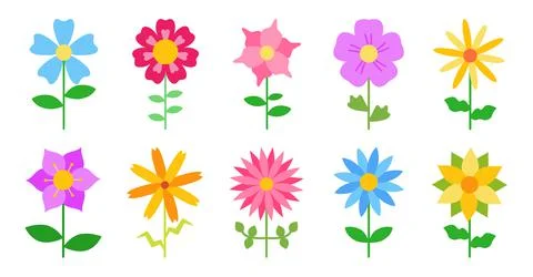 Colored flat flowers for postcards on the stem Stock Illustration