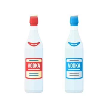 Colored flat red and blue label couple vodka bottles illustration. Ilustração Stock