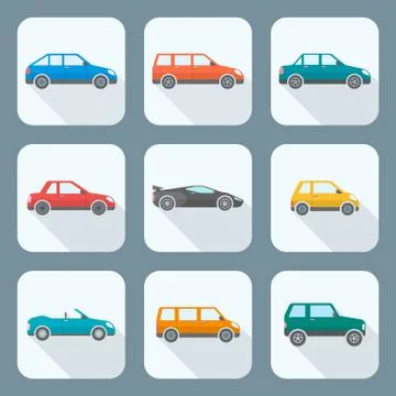 Colored flat style various body types of cars icons collection. Stock Illustration