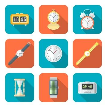 Colored flat style various watches clocks icons set Stock Illustration